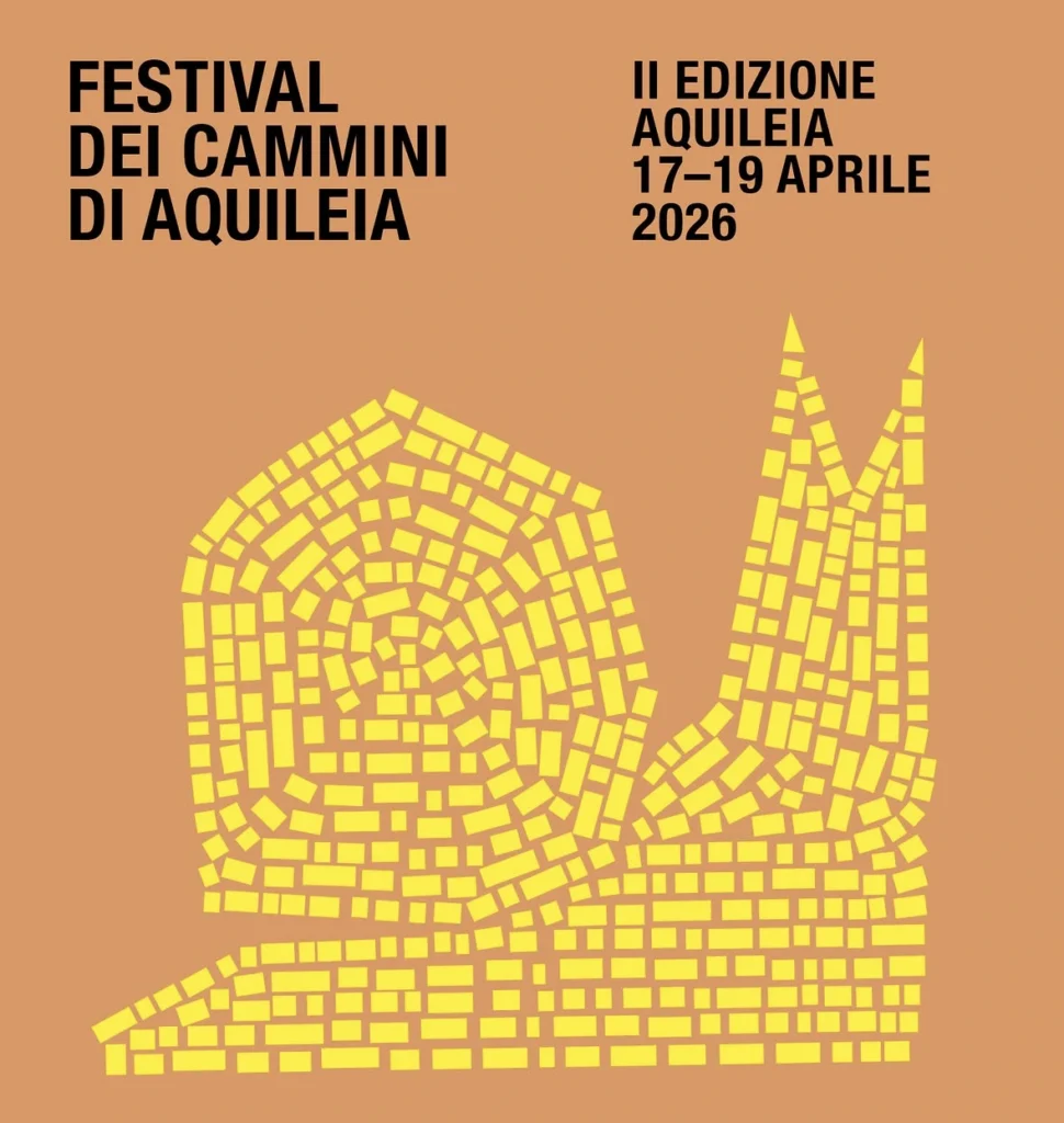 Locandina del Festival dei Cammini con lumaca gialla in primo piano disegnata con piccole tessere di mosaico