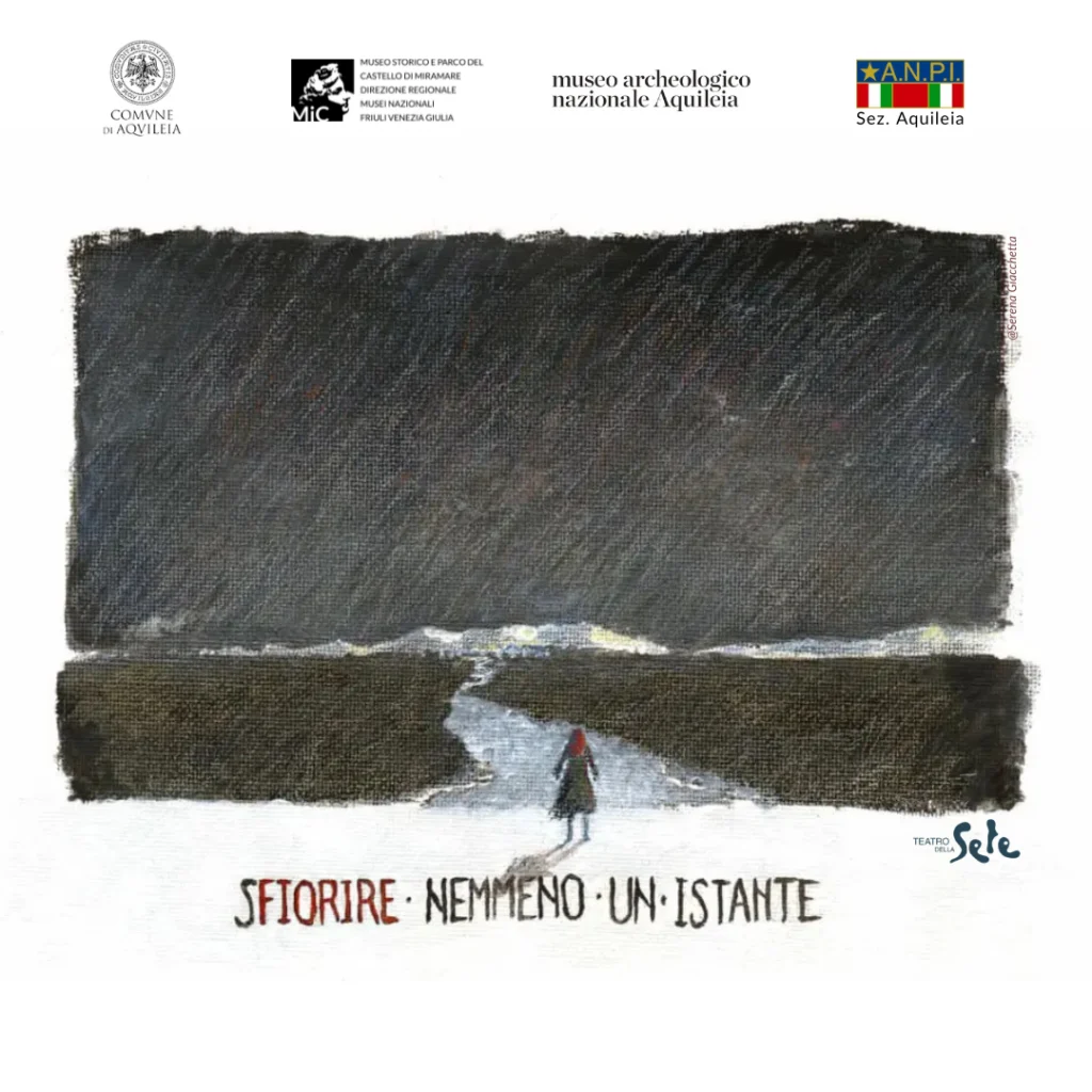 Locandina dell'evento con disegno di un paesaggio cupo e di una strada con una donna di spalle che