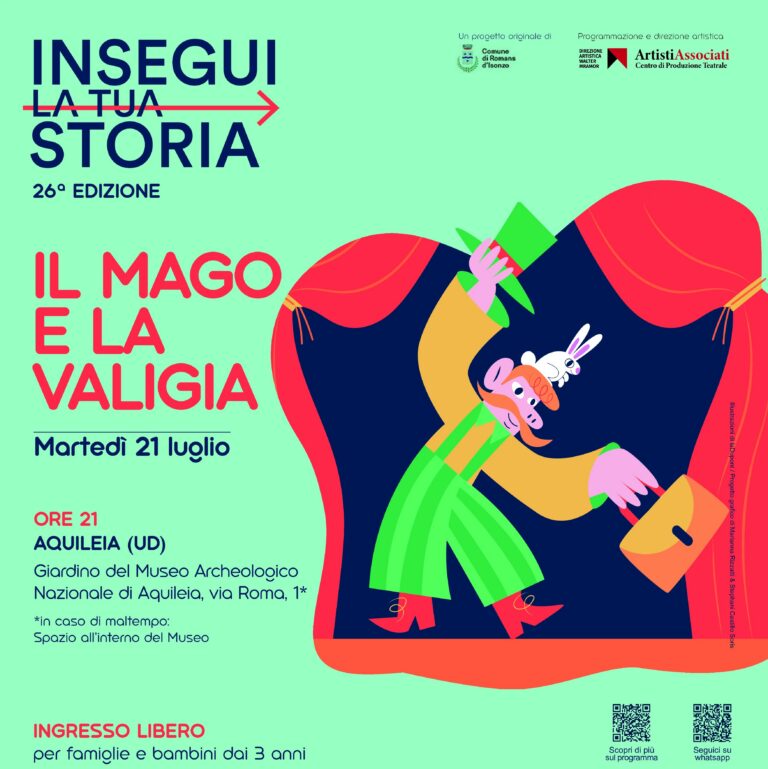 Locandina della rassegna con disegno di un mago con la valigia e un coniglio sulla testa su di un palcoscenico